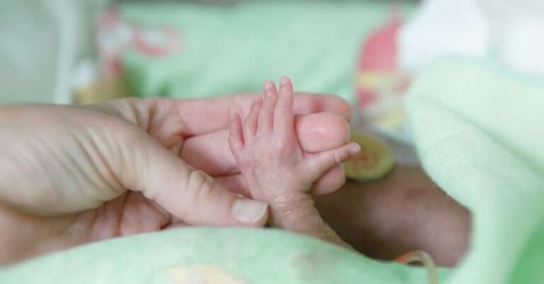 holding the hand of a premature baby