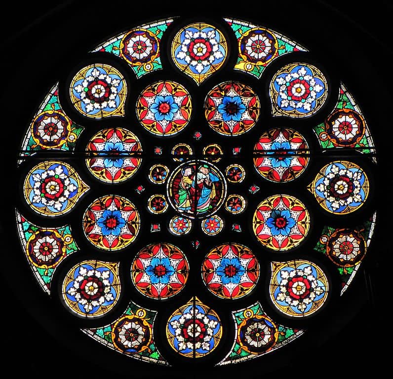 Gothic stained-glass round window at church in France