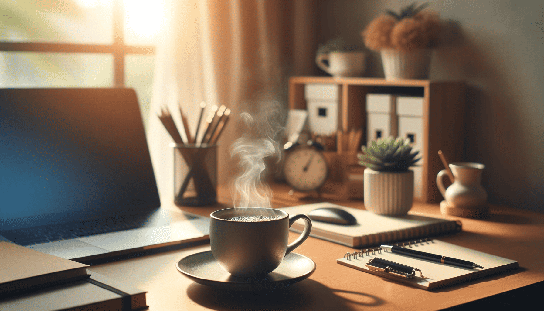 A steaming cup of coffee on a neatly organized work desk