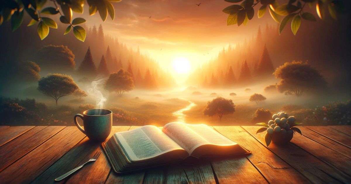 bible on table overlooking a sunrise